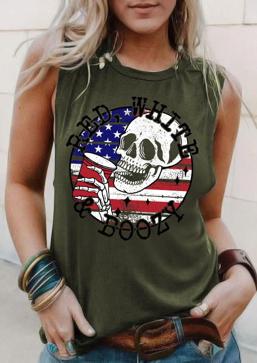 

Red White & Boozy Skull American Flag Tank - Army Green, 535371