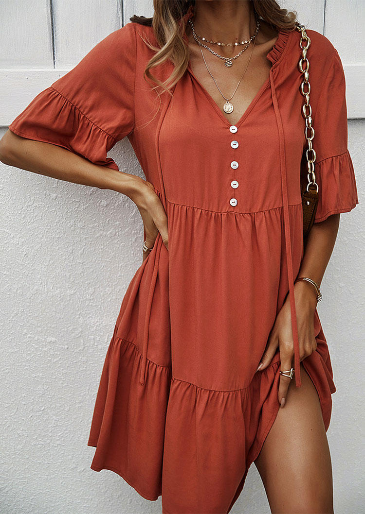 

Ruffled Button Short Sleeve Mini Dress - Orange, 535494