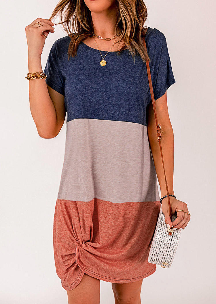 

Color Block Twist O-Neck Mini Dress, Multicolor, 535496