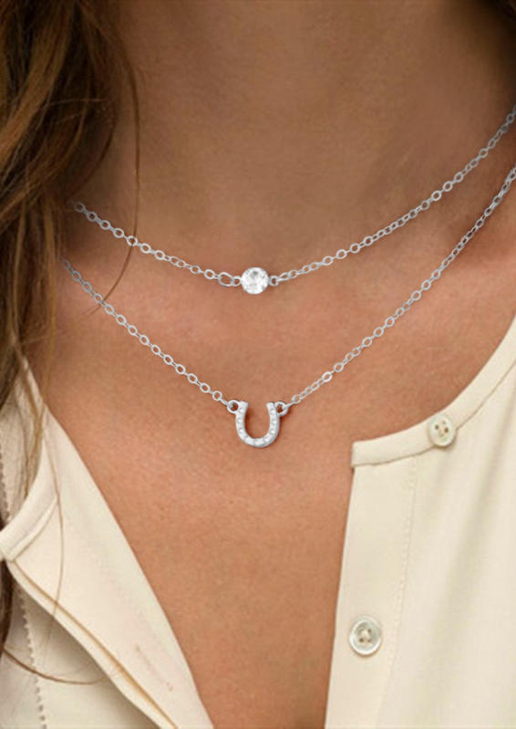 

Double-Layered Hollow Out Rhinestone Alloy Necklace, Silver, 535687