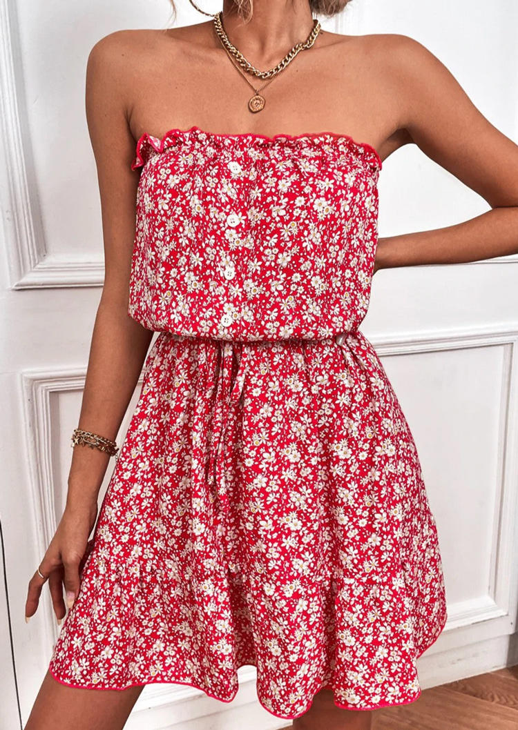 

Floral Button Ruffled Tie Strapless Bandeau Mini Dress - Red, 535735