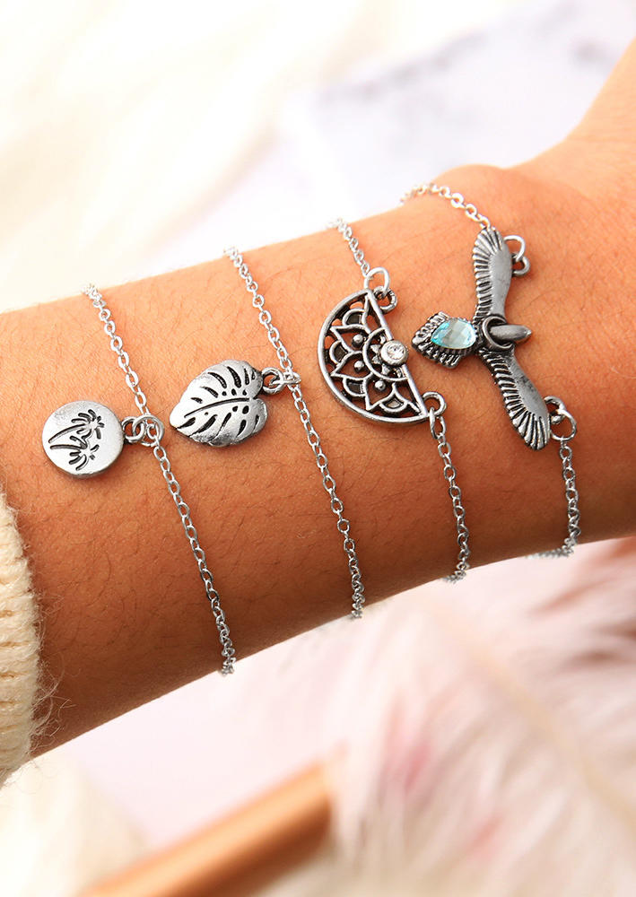 

4Pcs Bohemian Eagle Coconut Tree Palm Leaf Bracelet Set, Silver, 535804