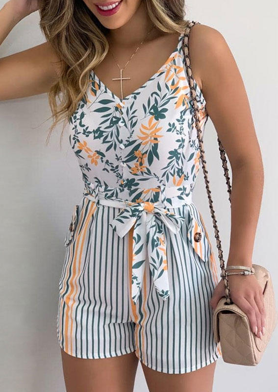 

Floral Leaf Striped Pocket Button Zipper Romper - White, 535234