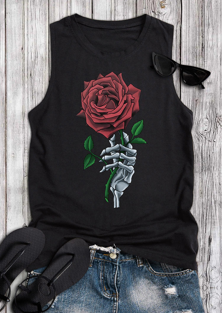 Rose Skeleton Hand O-Neck Tank - Black