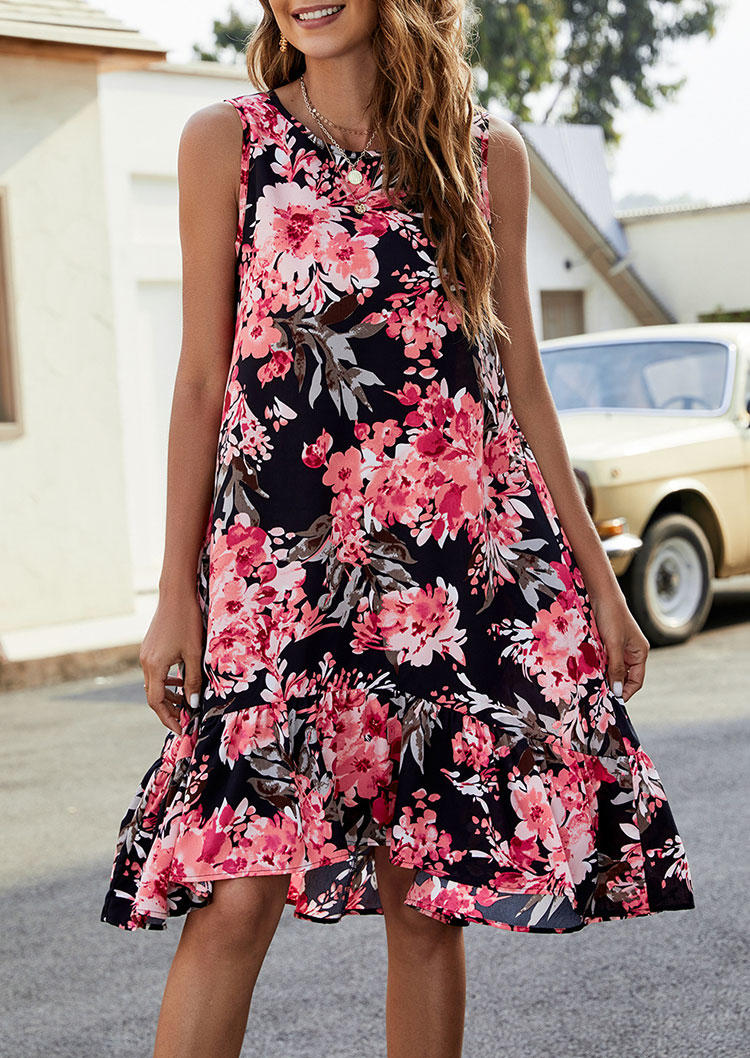 

Floral High Low Hem O-Neck Casual Mini Dress - Black, 535608