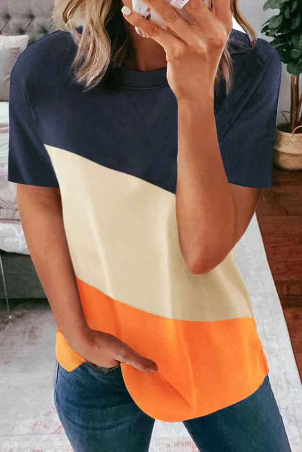 

Color Block Short Sleeve O-Neck Blouse, Multicolor, 535631