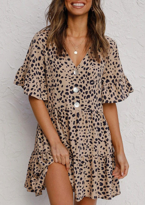 

Leopard Ruffled Flare Sleeve Mini Dress, 535691