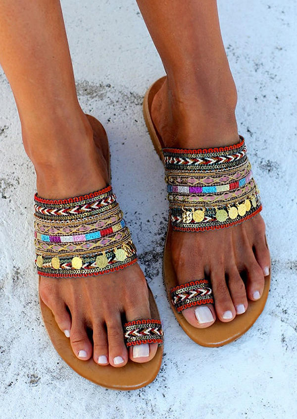 

Summer Ethnic Style Toe Ring Flat Slippers - Red, 535765
