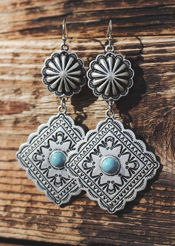 

Vintage Floral Turquoise Rhombus Earrings, Silver, 535857