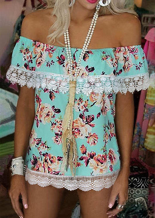 

Lace Splicing Floral Off Shoulder Blouse - Lake Blue, SCM001483