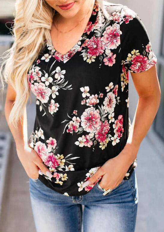 

Floral V-Neck Short Sleeve Blouse - Black, SCM001498