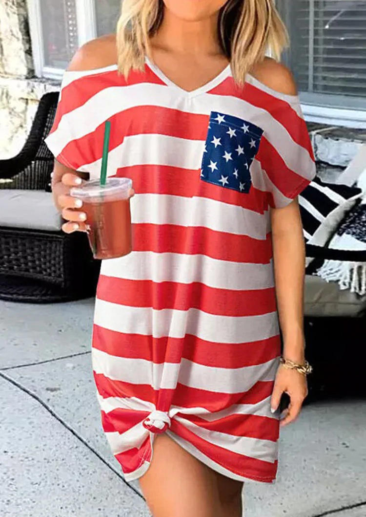 American Flag Pocket Cold Shoulder Mini Dress