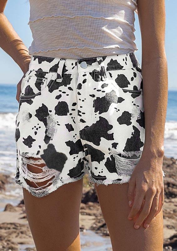 

Cow Ripped Hole Frayed Hem Denim Shorts - White, 535404
