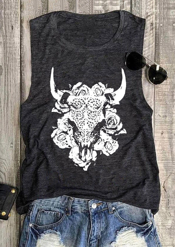 

Steer Skull Floral O-Neck Tank - Dark Grey, 535664