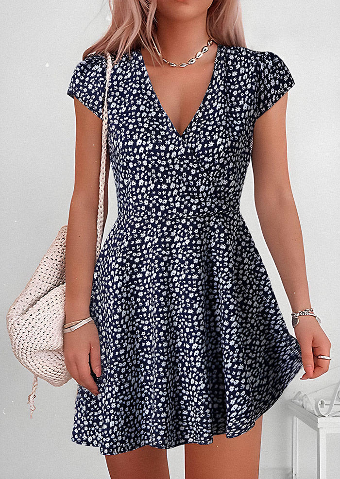 

Floral V-Neck A-Line Mini Dress - Deep Blue, 535675