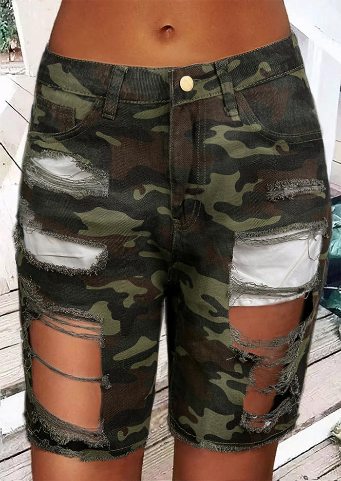 Camouflage Ripped Hole Hollow Out Shorts
