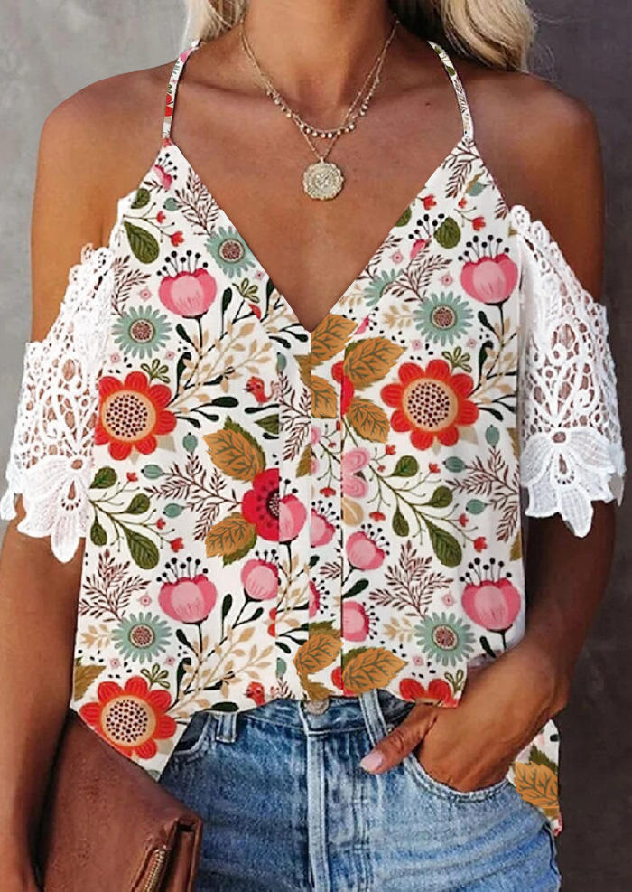 

Floral Lace Splicing Cold Shoulder Blouse, Multicolor, 535718