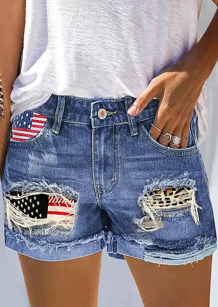 

American Flag Leopard Ripped Hole Denim Shorts - Blue, 535737