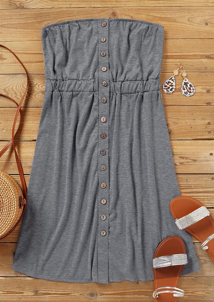 Button Smocked Strapless Bandeau Mini Dress - Gray