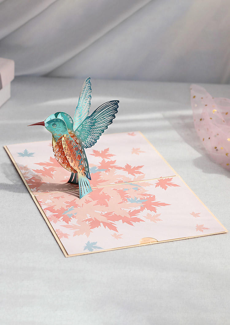 

3D Hummingbird Maple Leaf Paper Carving Pop-up Greeting Gift Card, Multicolor, 535885