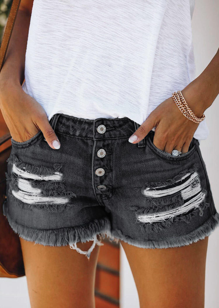 

Pocket Button Ripped Hole Denim Shorts - Black, 535918