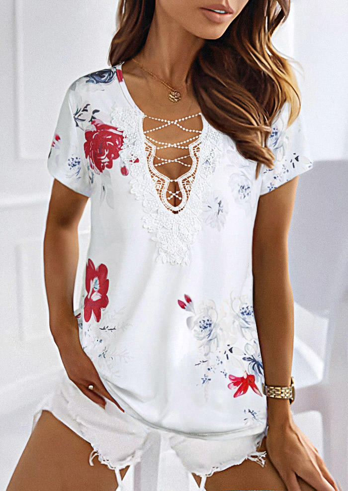 

Floral Lace Splicing Criss-Cross Blouse - White, 535696