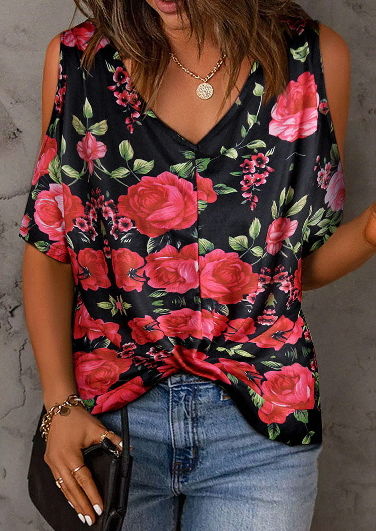 

Floral Cold Shoulder V-Neck Blouse - Black, 535740