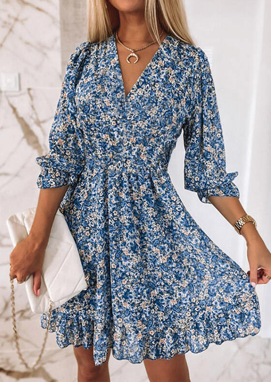 

Floral Ruffled Smocked Mini Dress - Blue, 535914
