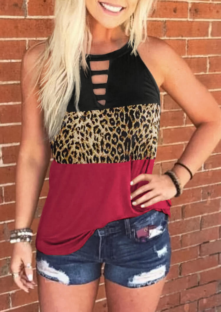 

Leopard Color Block Keyhole Neck Tank, Multicolor, SCM001597