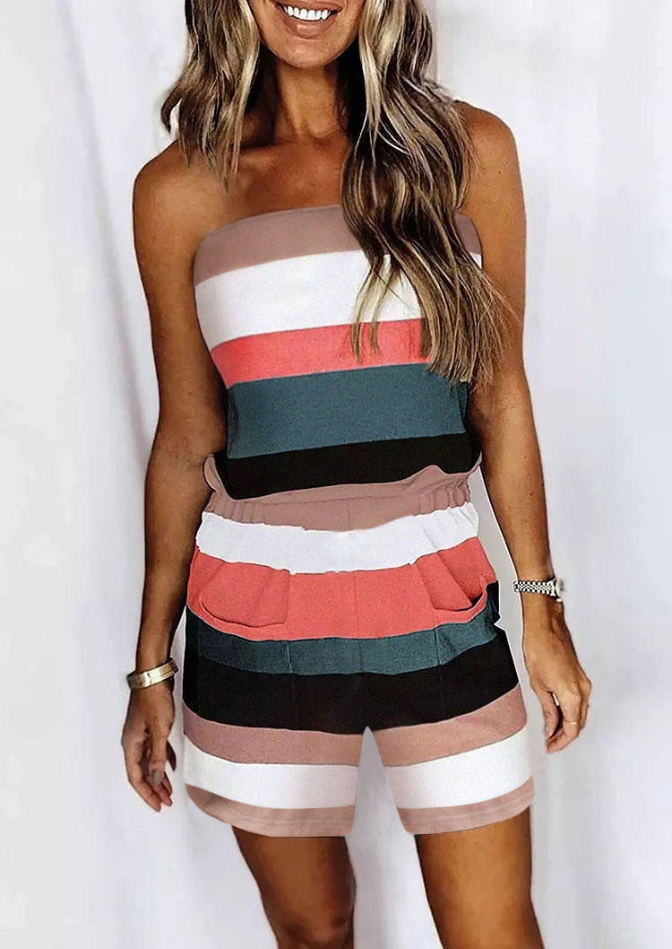 

Striped Color Block Pocket Strapless Bandeau Romper, Multicolor, 535499