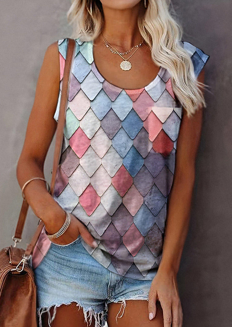 

Colorful Geometric O-Neck Tank, Multicolor, 535663