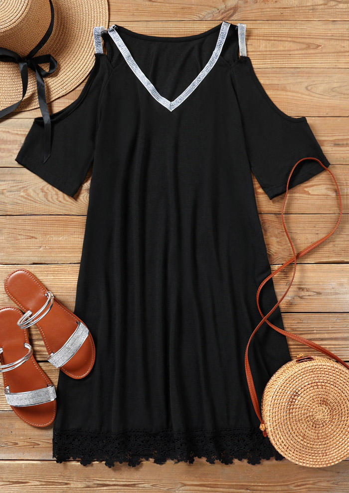 Lace Splicing Hollow Out Cold Shoulder Mini Dress - Black
