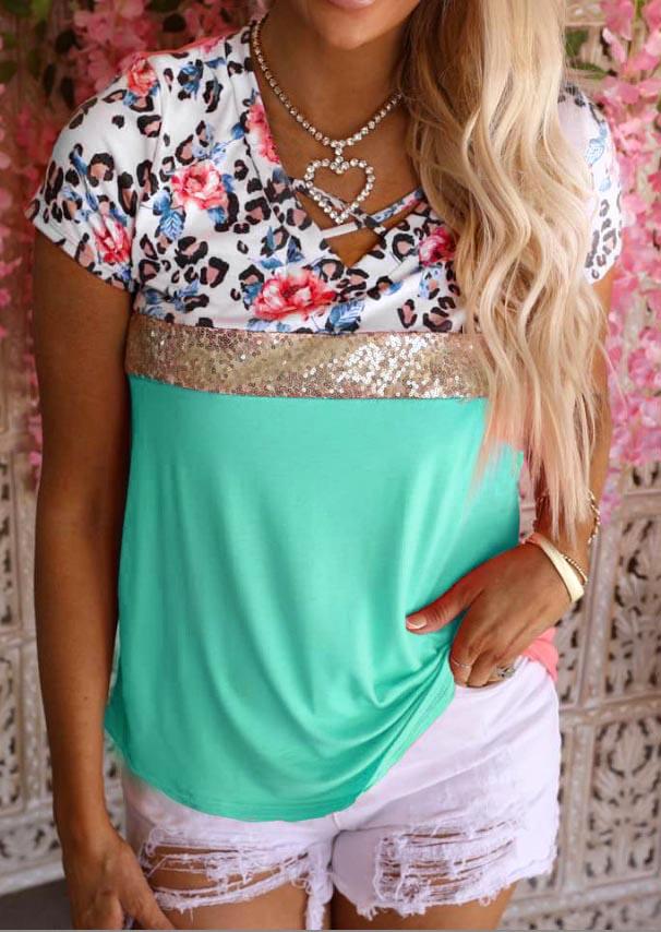 

Leopard Sequined Criss-Cross Casual Blouse - Green, 535729