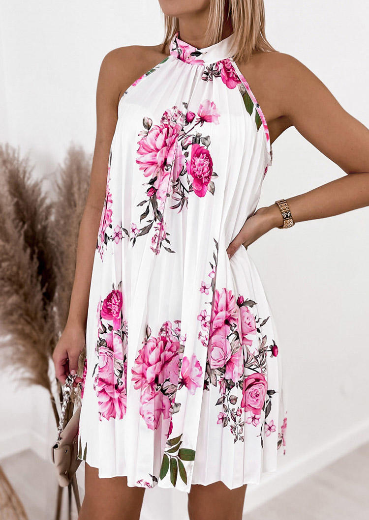 

Floral Halter Ruffled Sleeveless Mini Dress - White, 535925