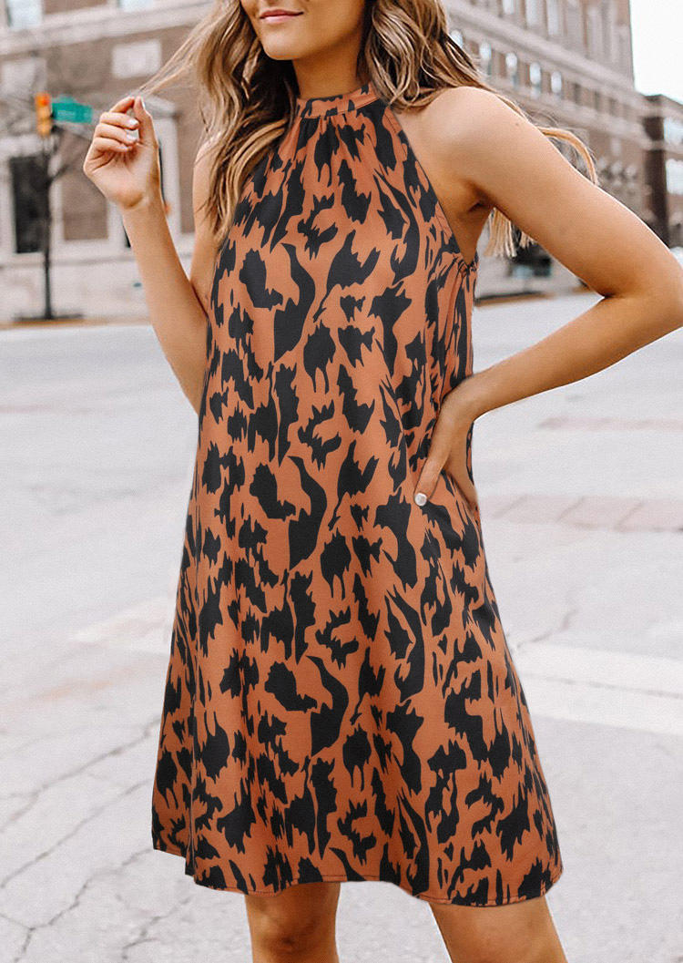 

Leopard Button Hollow Out Halter Mini Dress - Brown, 535932