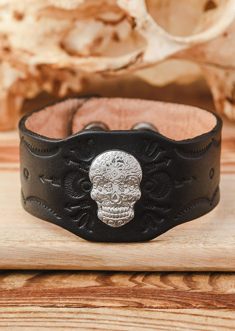 

Vintage Skull Arrow Leather Bracelet, Black, 535938
