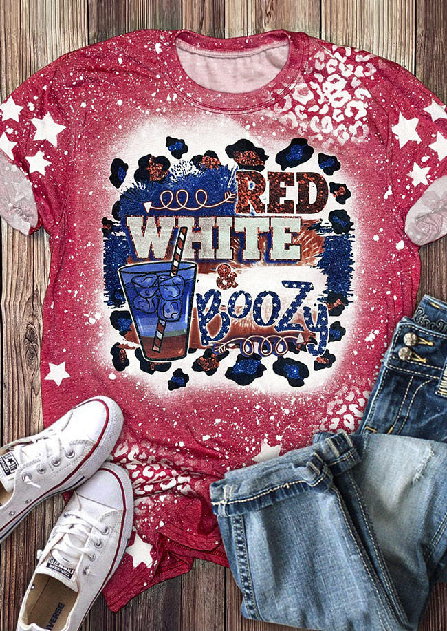 

Red White Boozy Leopard Bleached T-Shirt Tee - Red, SCM001534