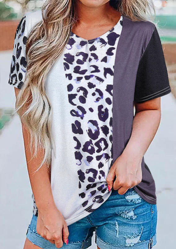 

Leopard Color Block Short Sleeve Blouse, Multicolor, SCM001557