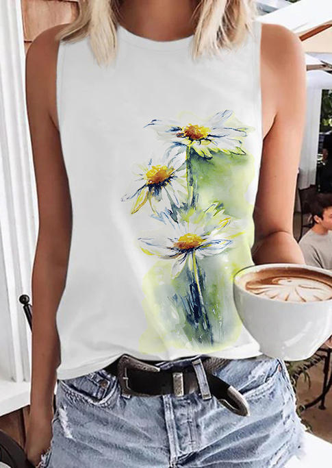 

Watercolor Daisy O-Neck Tank - White, 535912