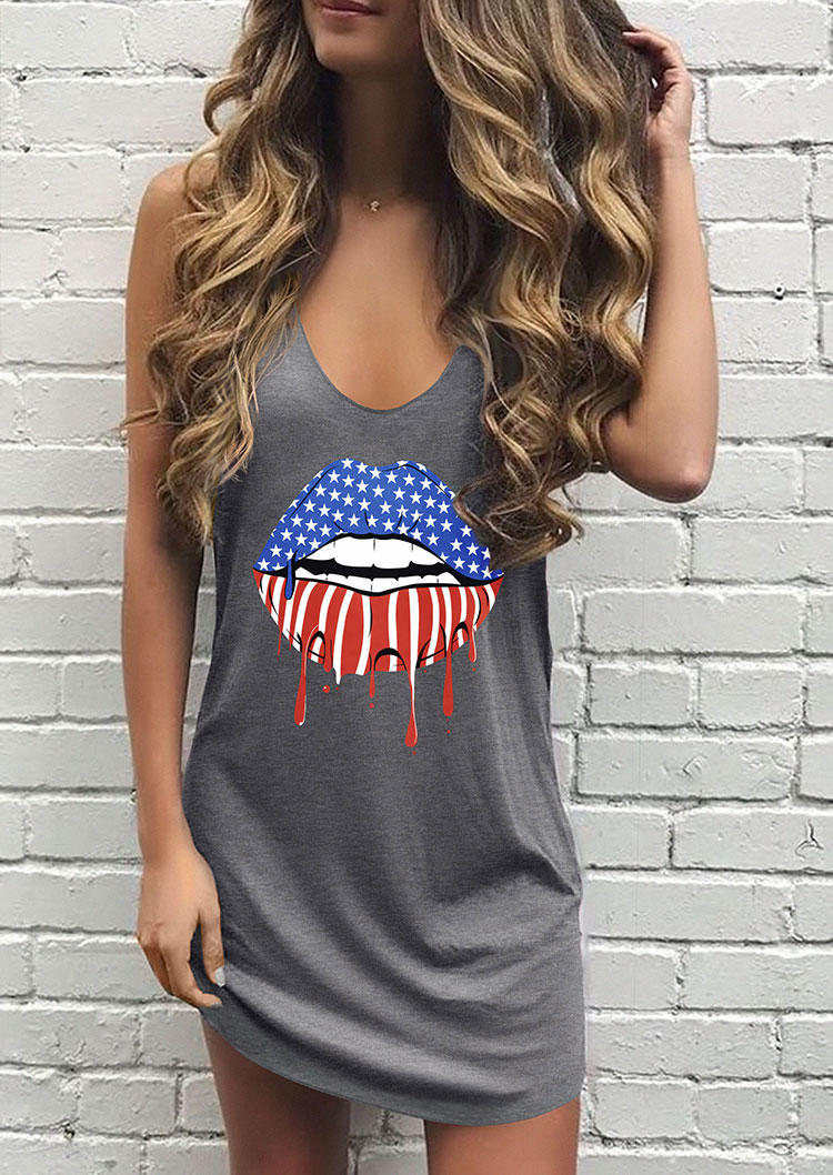 

American Flag Lips Sleeveless Mini Dress - Gray, 535968