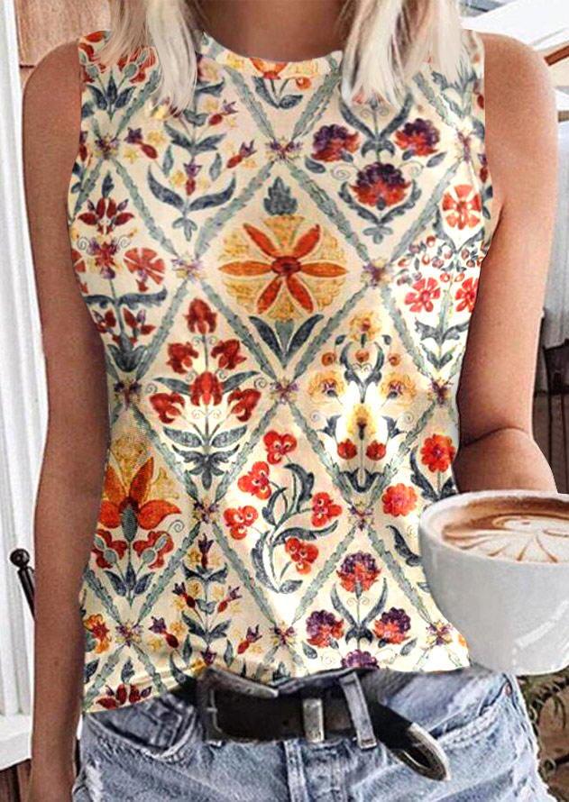 

Floral Diamond O-Neck Tank, Multicolor, 535995