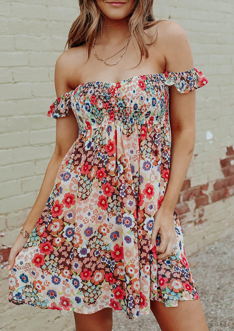 Floral Ruffled Smocked Off Shoulder Mini Dress