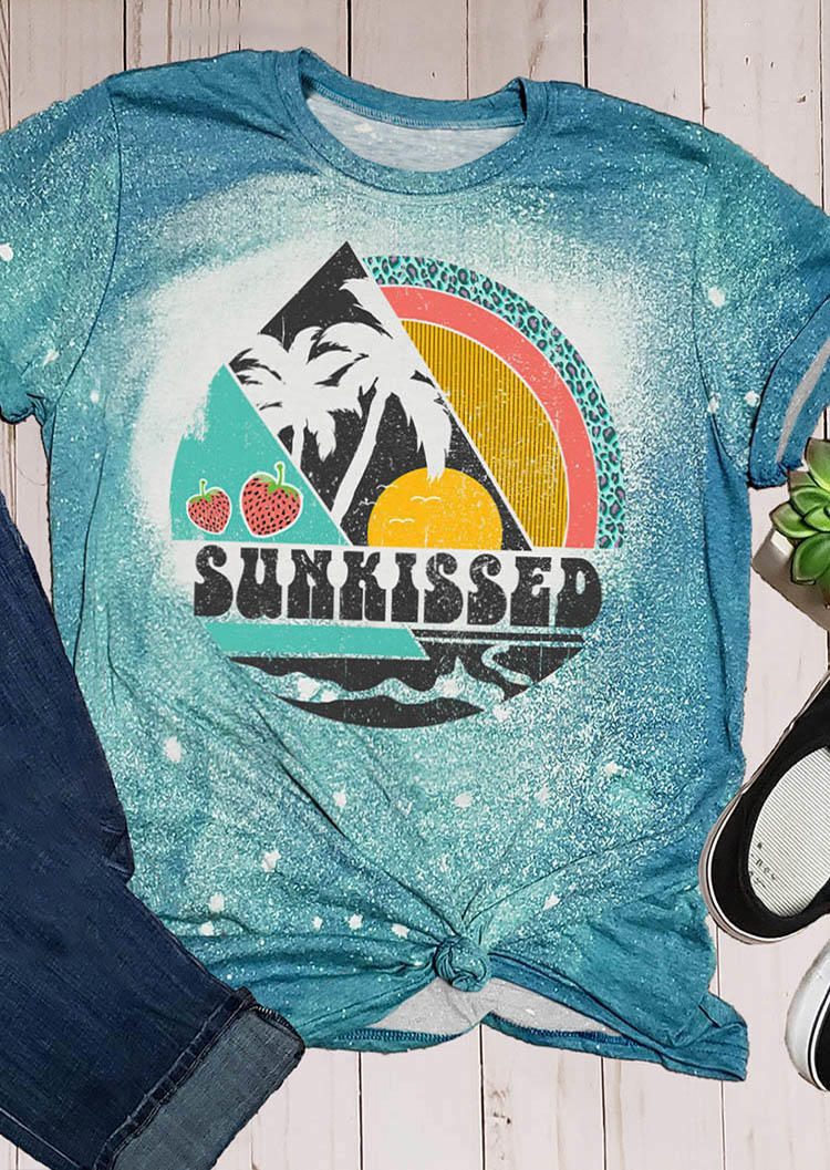 

Sunkissed Strawberry Coconut Tree Leopard Bleached T-Shirt Tee - Blue, SCM001530
