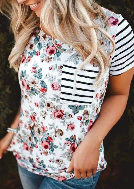 

Floral Striped Pocket O-Neck Blouse - White, SCM001556