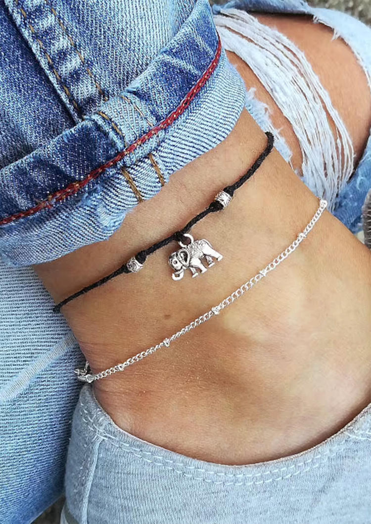 

2Pcs Elephant Beach Pendant Anklet, Silver, SCM001744