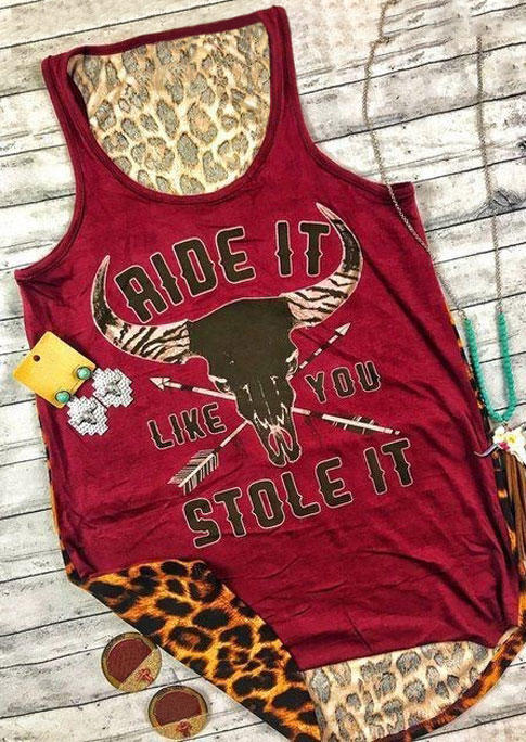 

Ride It Like You Stole It Leopard Steer Skull Arrow Tank - Red, SCM001759
