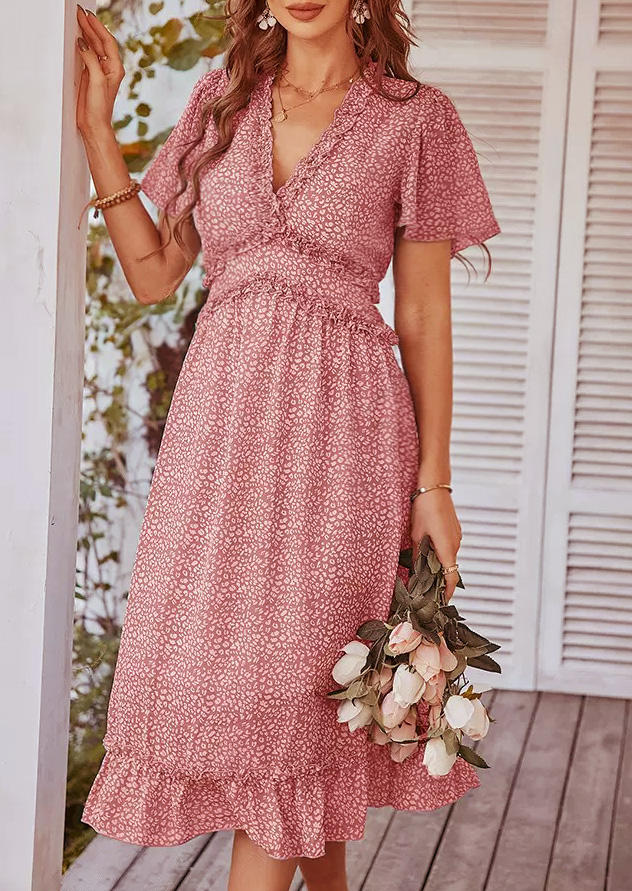 

Ruffled Short Sleeve V-Neck Midi Dress - Pink, SCM001843