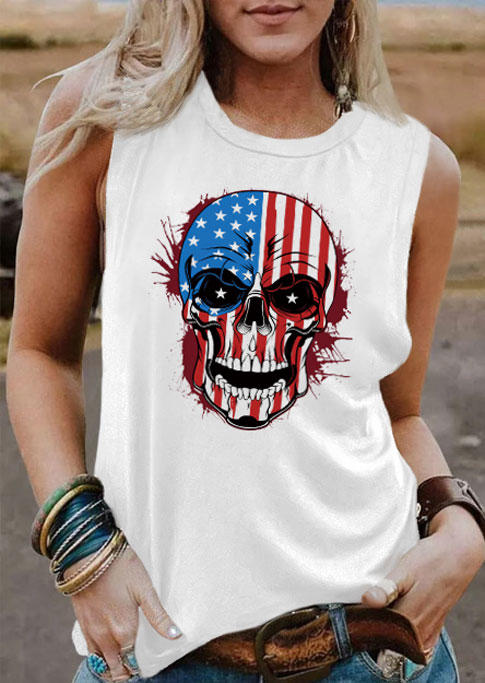 

American Flag Skull O-Neck Tank - White, 535900