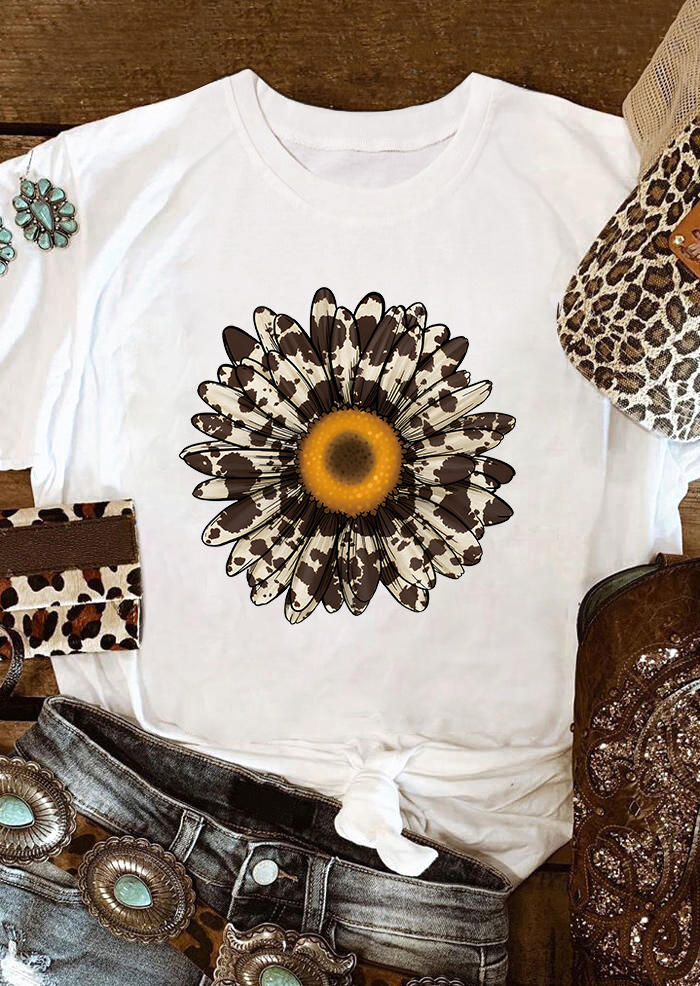 

Cow Daisy O-Neck T-Shirt Tee - White, 535976
