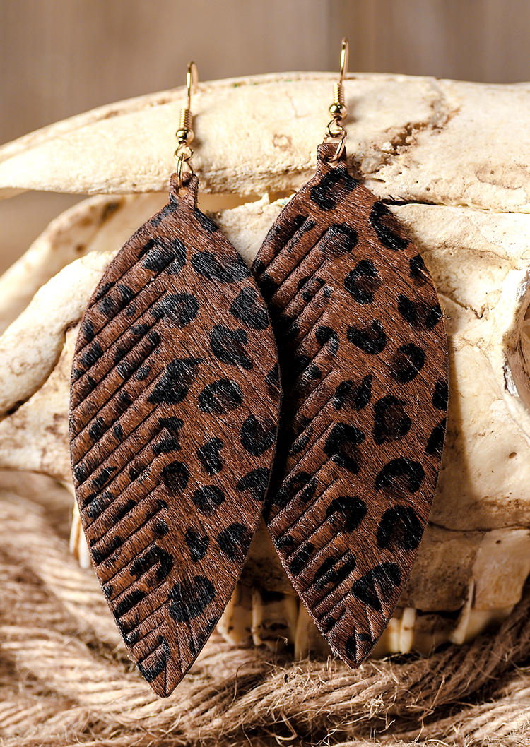 

Leopard Leather Alloy Hook Earrings, Dark brown, 535991